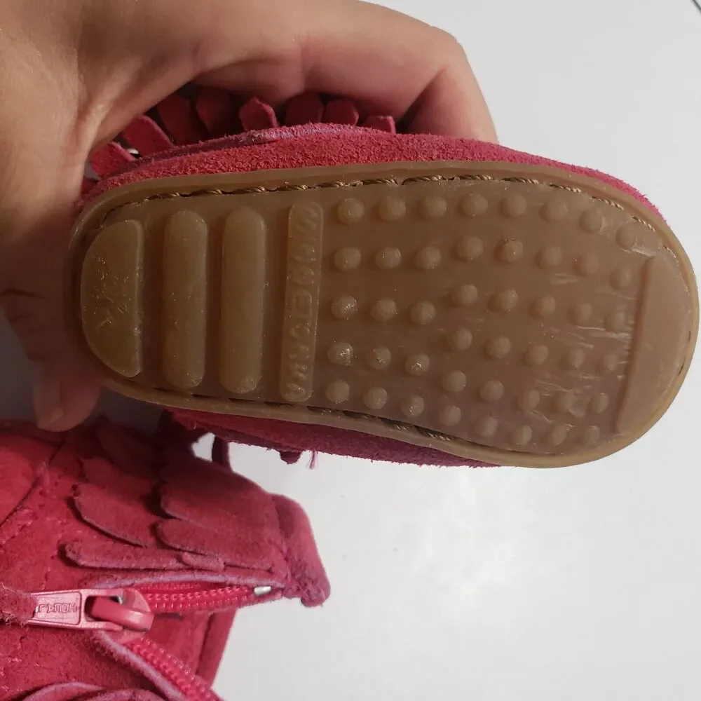 Minnetonka Girls 1 Ankle Booties Leather Pink Double Fringe Side Zip Shoes‎